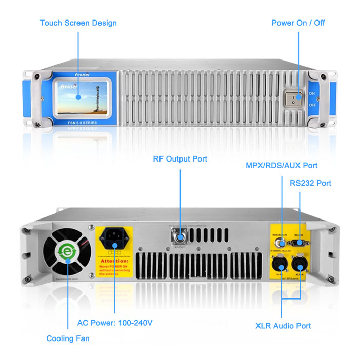 The output and input ports on the panels of FMUSER FSN-600T rack 600 watt FM transmitter