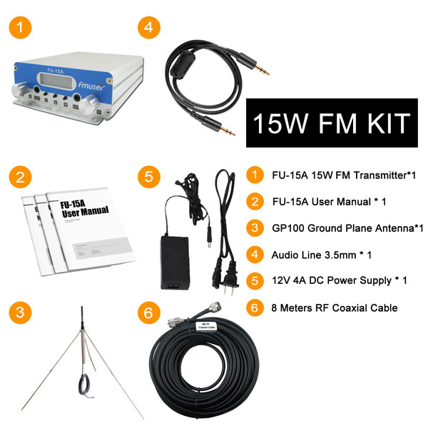Full package of FU-15A 15W FM Transmitter with 1 bay ground plane antenna and accessories